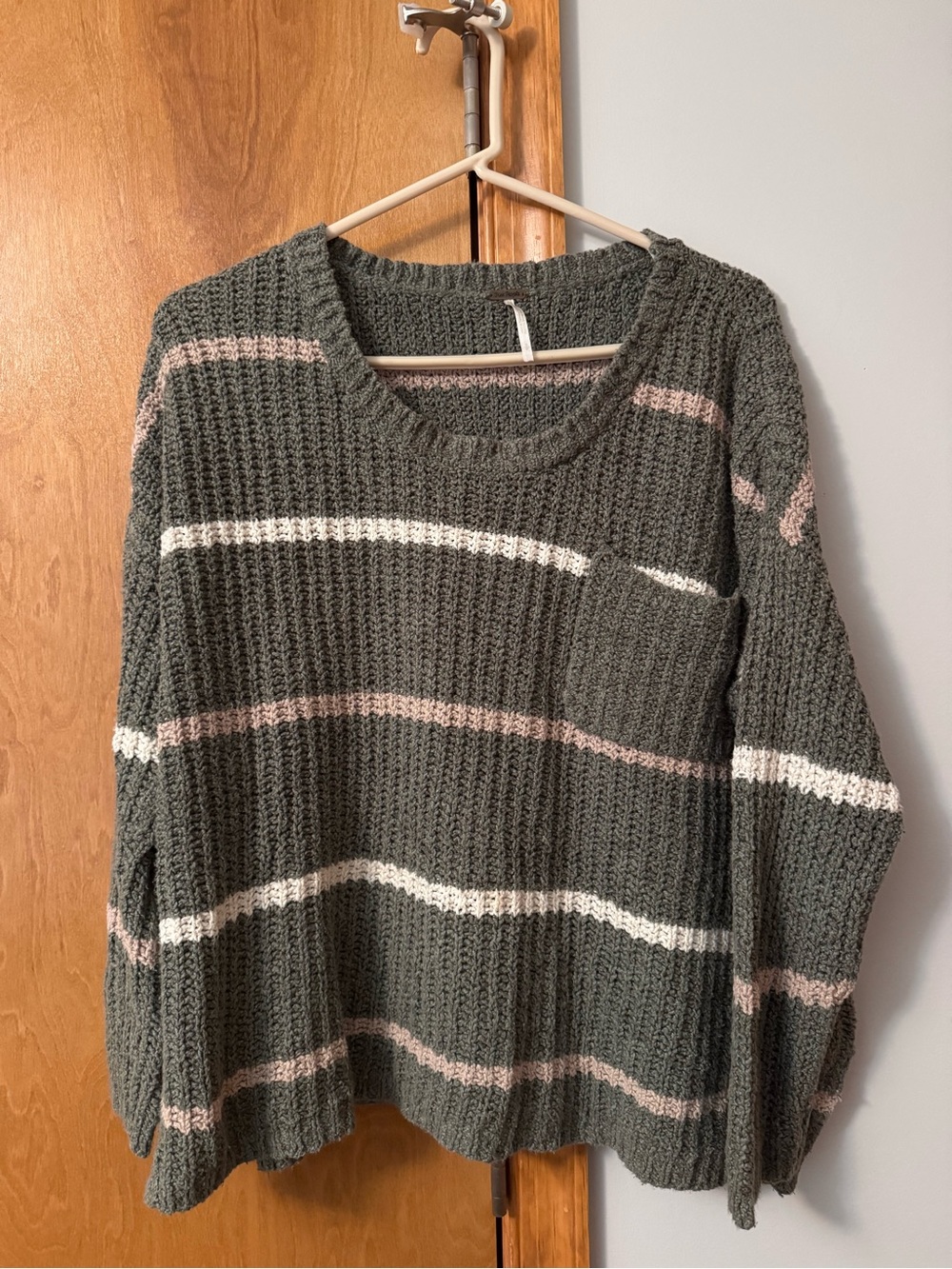 Free People Cozy Oversized Olive Striped Pocket Sweater - Women